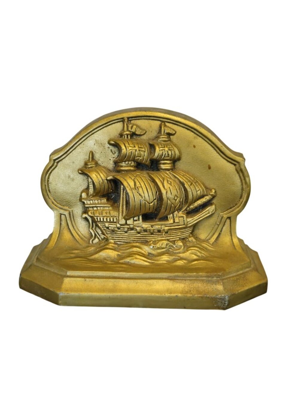 Vintage Brass Tone Iron Galleon Templar Pirate Sailing Ship Bookend [1]